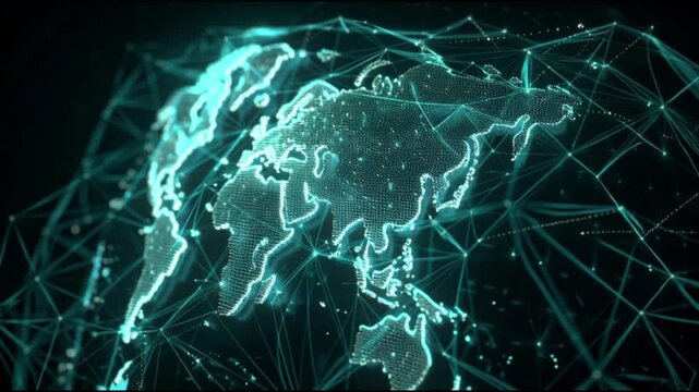Digital 3D rendering of global network connections on world map - Powered by Adobe