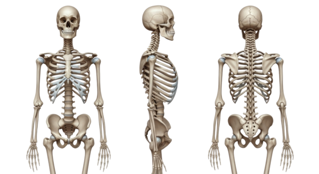Human skeleton front side and back views transparent background cutout png - Powered by Adobe