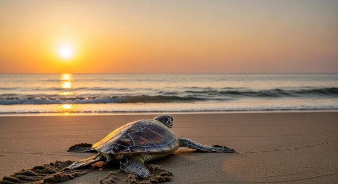 A sea turtle on a sandy beach at sunset.