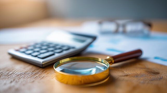 Calculator and magnifying glass over defocused financial documents, faceless audit team, analysis visualization detail, blurred office background, review concept, collaboration int