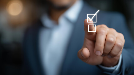 Company satisfaction check virtual defocused checklist approval, faceless survey concept, database visualization detail, blurred management background, inspection concept, exam int