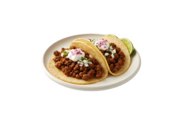 Two tacos filled with ground beef and lime, set against a white background. Clipping path included

