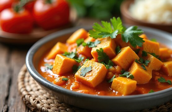 Warm bowl of sweet potato curry with fresh parsley garnish. Rich orange stew with chopped vegetables served on rustic wood table. Tomatoes and rice in background.