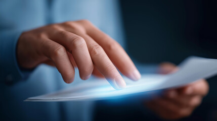 AI interface scanning documents for defocused digital transformation, faceless technology process, scanning visualization detail, blurred automation background, innovation concept,