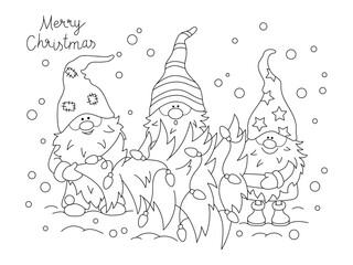 Christmas coloring page. Three gnomes and a Christmas tree.