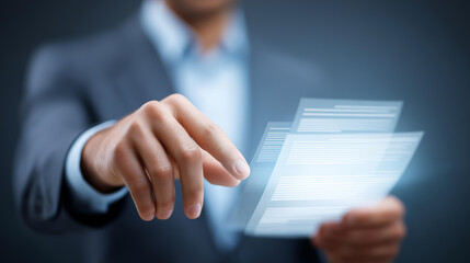 Futuristic hologram legal documents being defocused scanned digital, faceless data security, law visualization detail, blurred advanced background, document concept, management int