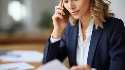 Businesswoman talking on phone reviewing defocused documents desk, faceless client consultation, multitasking visualization detail, blurred paperwork background, professional conce
