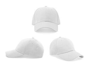 A clean, minimal presentation of a white baseball cap shown from three angles - front, left side, and right side.