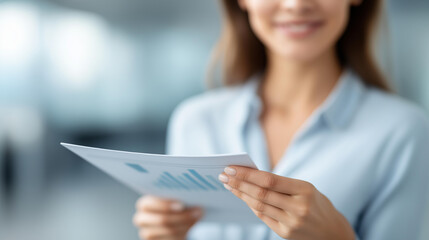 Close-up business woman giving chart defocused document presentation, faceless professional handover, report visualization detail, blurred office background, data concept, presenta