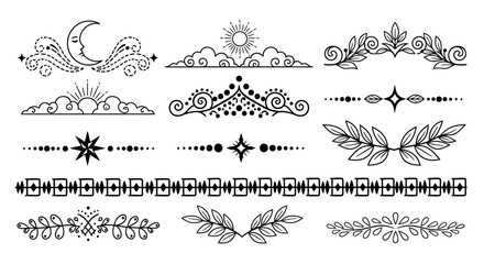 Hand drawn dividers and borders with celestial and natural elements.