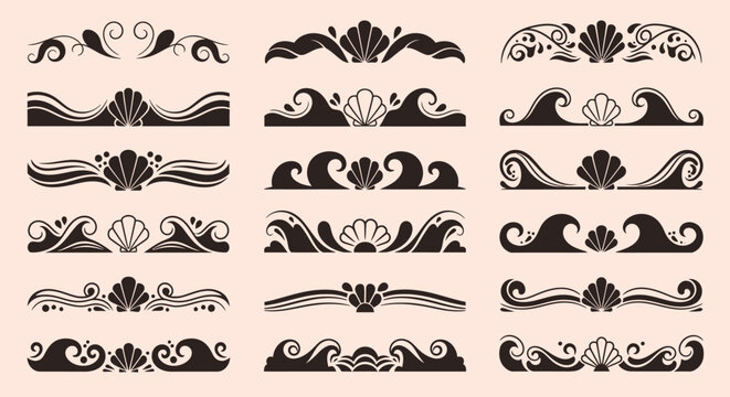 Elegant Nautical Borders and Dividers with Seashells and Waves.