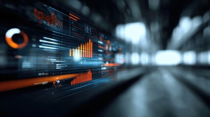 Futuristic digital interface displaying glowing charts graphs and data streams with motion blur