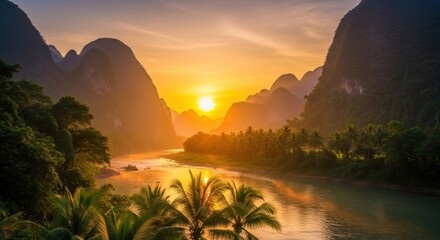 Sunset over a river with mountains in the background.