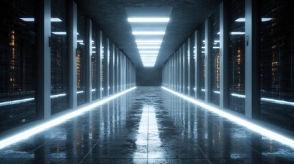 Futuristic data center corridor with glowing blue lights and server racks