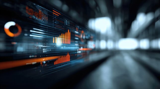 Futuristic digital interface displaying glowing charts graphs and data streams with motion blur