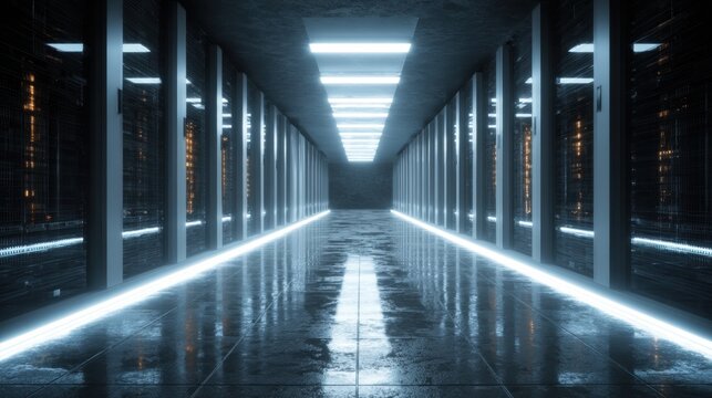 Futuristic data center corridor with glowing blue lights and server racks - Powered by Adobe