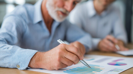 Middle aged professionals analyzing financial defocused charts discussing, faceless business strategy, review visualization detail, blurred desk background, collaboration concept,