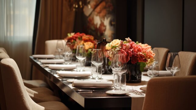 Elegant dining table setting with floral arrangements glassware and folded napkins