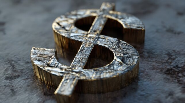 Metallic dollar sign symbol with textured surface on dark background money