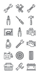 Obraz premium Collection of Black and White Automotive Tools and Equipment Line Art Icons.