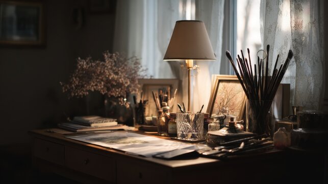 Artist's desk with art supplies drawing painting brushes lamp and decorative elements