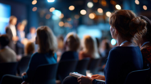Rear side of faceless audiences sitting and listening defocused low light conference hall background speakers on stage event and seminar concept presentation attendance with