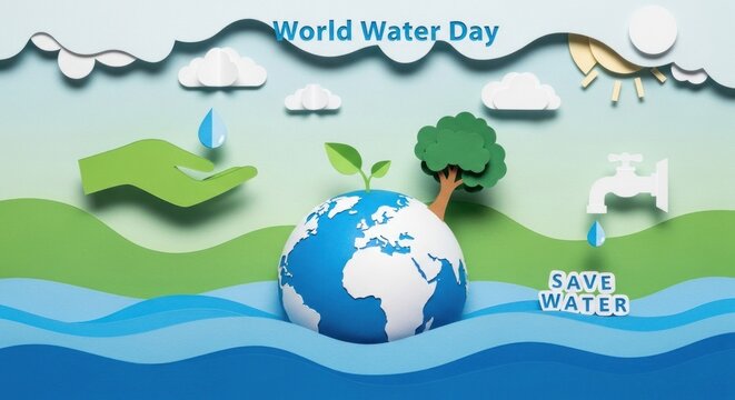 A paper cutout of a globe with a hand holding a drop of water, a tree, and a faucet, with the text 'World Water Day' and 'Save Water' on the right side.