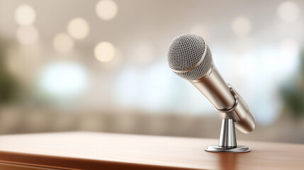 Presentation icon set with microphone defocused podium equipment, faceless speaking concept, presentation visualization detail, blurred background setting, conference concept, spea