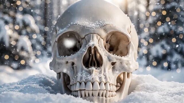 Skull Partially Submerged in Fresh White Snow with Bokeh Light in Background under Bright Sunlight in Forest Environment