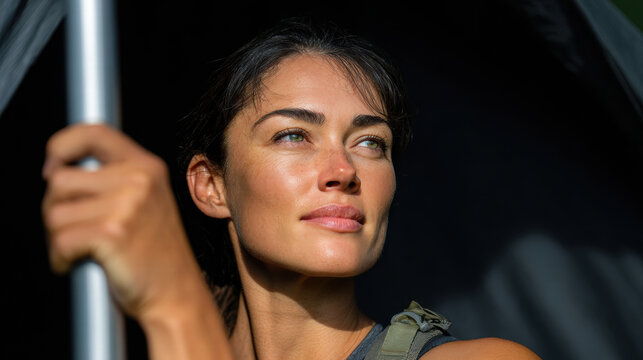 Young woman holding tent pole for setup with calm expression for glamping outdoor adventure