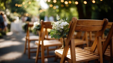 Beautiful outdoor wedding ceremony setup faceless venue arrangement defocused wooden folding chairs background romantic outdoor space celebration preparation garden wedding