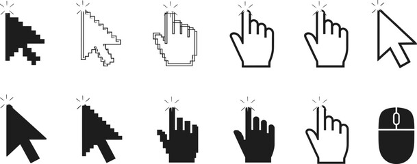 Collection of graphic symbols representing online browsing and user interface actions, including pointer arrows and hands clicking with starburst effects for interactive elements.