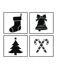 Rustic Grunge Christmas Icon Collection with Stocking, Bell, Tree, and Candy Cane Silhouettes for Vintage Holiday Design Projects.