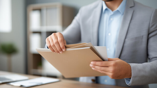 Businessman handing over brown folder defocused across desk, faceless document delivery, business visualization detail, blurred office background, agreement concept, contract inter
