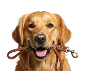 Golden retriever with leash in mouth transparent background cutout png