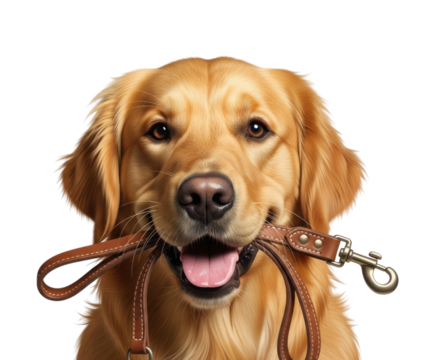 Golden retriever with leash in mouth transparent background cutout png