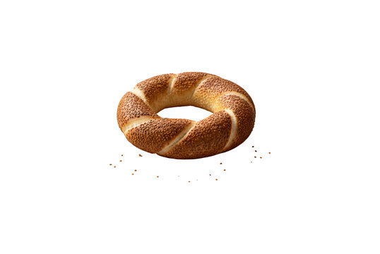 Turkish bagel simit, perfect for breakfast, set against a white background, horizontal, no people,