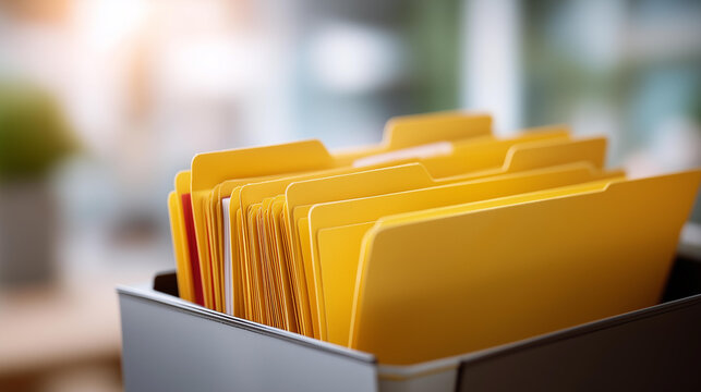 Digital files and folders organized defocused document management, faceless data archiving, organization visualization detail, blurred system background, file concept, storage inte