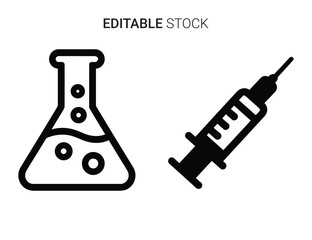 Chemical flask and medical syringe icons representing science and health vector graphic