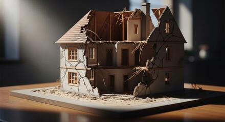 A wooden model of a damaged house with broken windows and debris.
