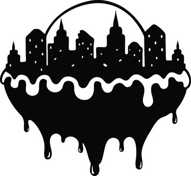 Vector illustration of a city design with flowing red ink drops and paint splash art