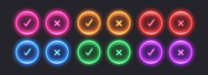 Neon checkmark icons, glowing check buttons, glossy glass signs. Tick and cross symbols to select correct or wrong options from the list. Vector illustration.