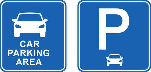 Graphic icon collection representing vehicle parking lot directions and traffic regulation, suitable for municipal signage, website maps, and travel applications.