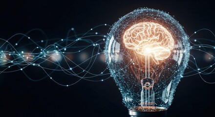 A glowing light bulb with a brain inside, emitting a blue glow with a black background.