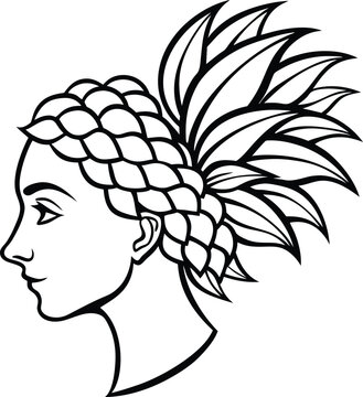 Black vector silhouette sketch of a woman's face and hair with floral rose decoration and leaf design pattern illustration
