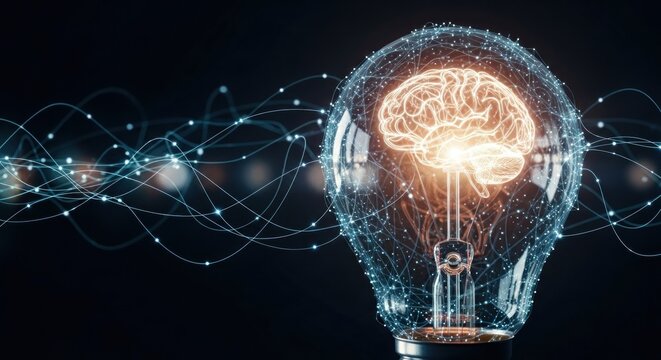 A glowing light bulb with a brain inside, emitting a blue glow with a black background. - Powered by Adobe