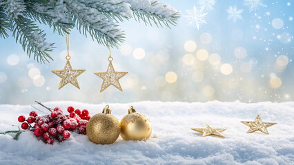 Golden Christmas Decorations on Snow &ndash; Festive Winter Holiday Background with Stars and Ornaments