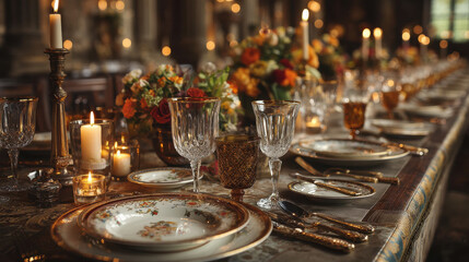 festlich gedeckter Tisch, Tischdekoration, Herbstdekoration, Herbstfarben, Blumenarrangement, Blumengesteck, Kerzenlicht, Kerzen, warmes Licht, stimmungsvolle Atmosphäre, elegantes Ambiente, gehobene 