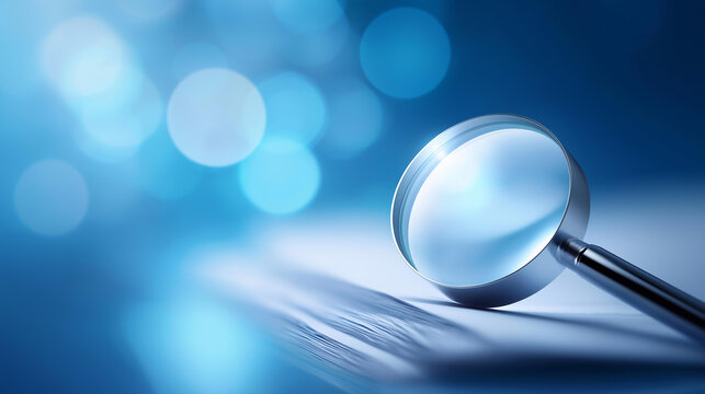 Searching finding information digital files defocused magnifying glass, faceless document search, icon visualization detail, blurred blue background, information concept, search in