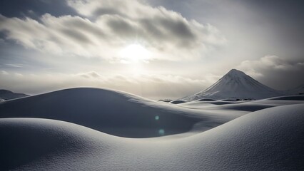 Serene Snowscape - Rolling Dunes and Distant Mountain Peak Under Cloudy Skies.